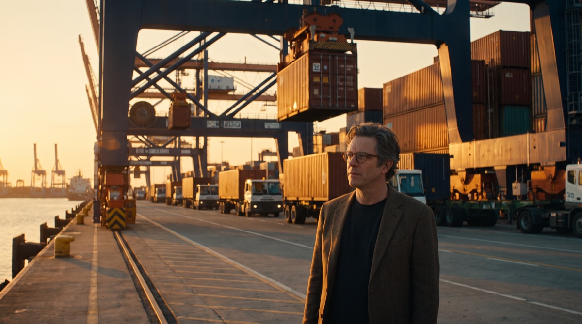 Theo alone on a fully automated container port at dawn