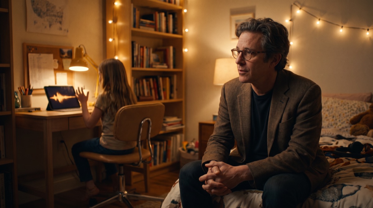Theo in a child's bedroom while an AI tutor teaches her