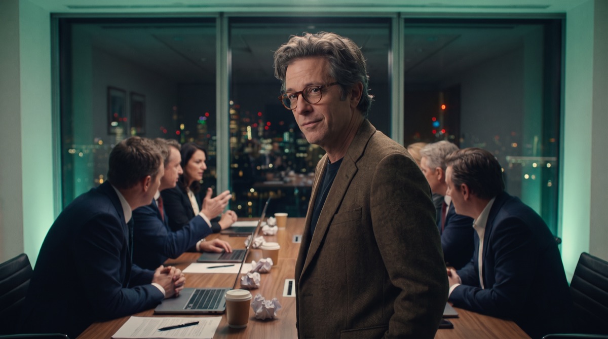 Theo in a boardroom at night while the board argues behind him